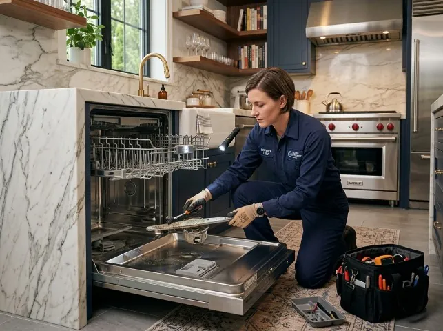 Appliance Repair Hero technician servicing a built-in dishwasher in a Amity, AR kitchen