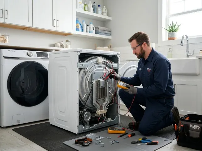 Appliance Repair Hero technician checking a dryer heating element with the rear panel off in Amity, AR