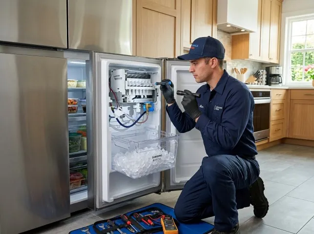 Appliance Repair Hero technician repairing a refrigerator ice maker in Amity, AR