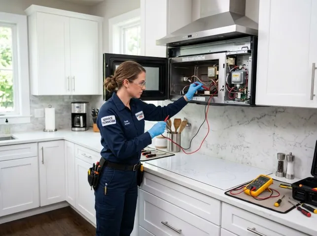 Appliance Repair Hero technician testing an over-the-range microwave in a Amity, AR kitchen