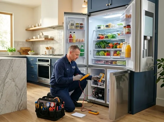 Appliance Repair Hero refrigerator technician testing a fridge on a Amity, AR service call