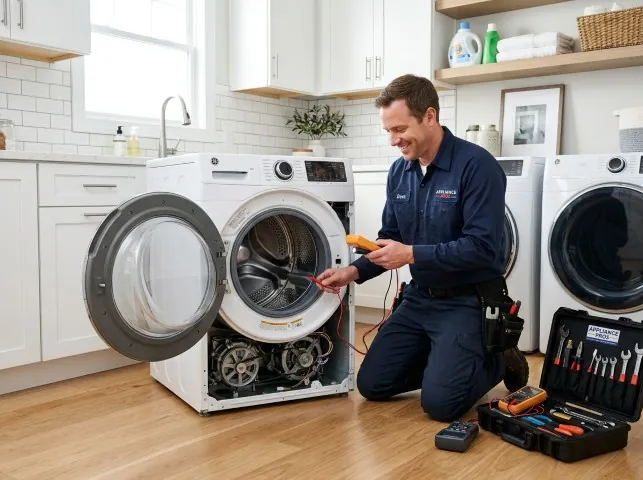 Appliance Repair Hero technician testing a front-load washer with a multimeter on a Amity, AR service call